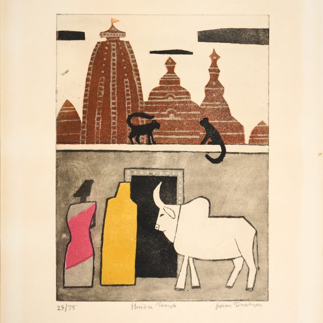 temple, animals, skyline, building, bull, print