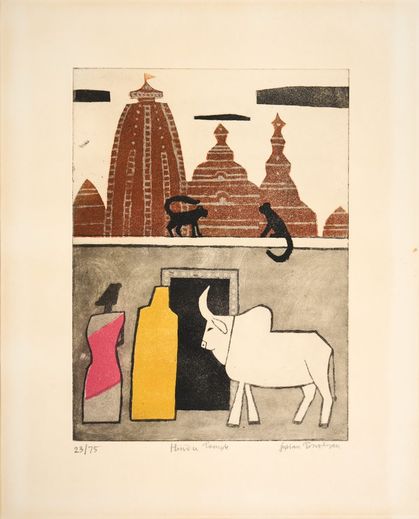 temple, animals, skyline, building, bull, print