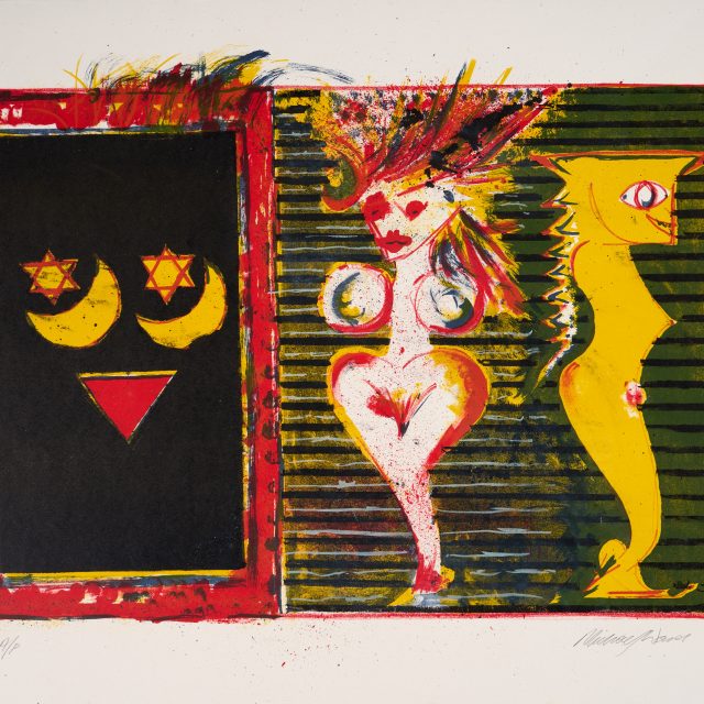 flag, nude women, crescent moon, star, semi abstract,