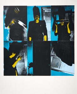 man, figure performing, black yellow and blue