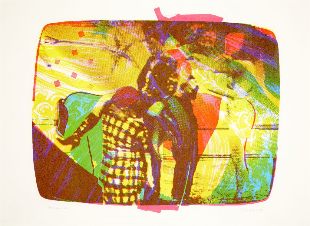 semi abstract colourful print, figures, rainbow colour