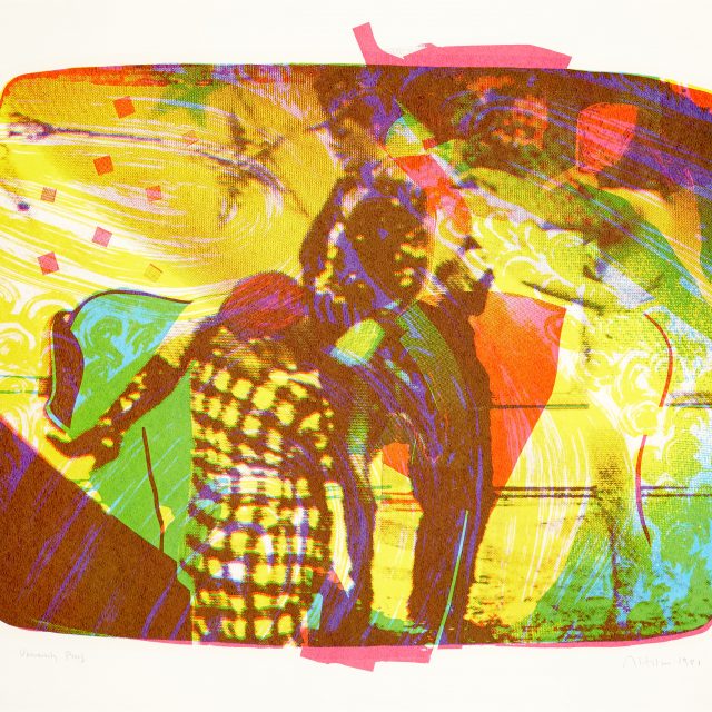 semi abstract colourful print, figures, rainbow colour