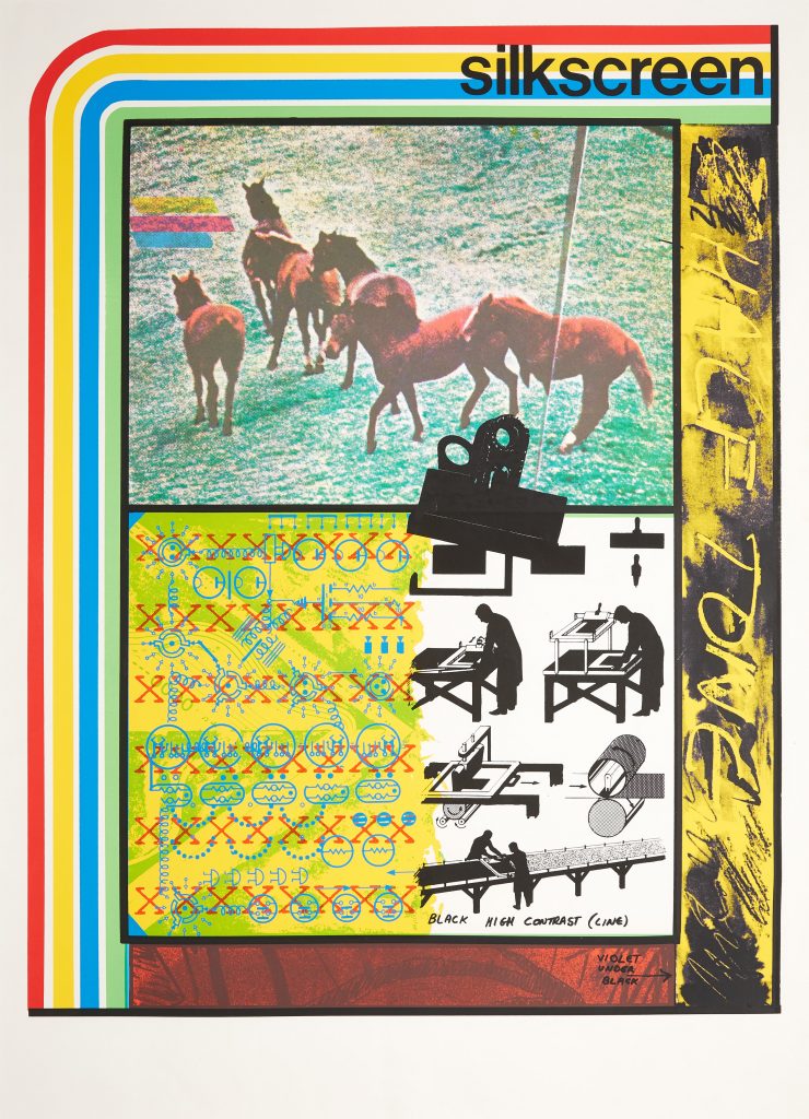 Poster of silkscreen printing, process, abstract, horses,