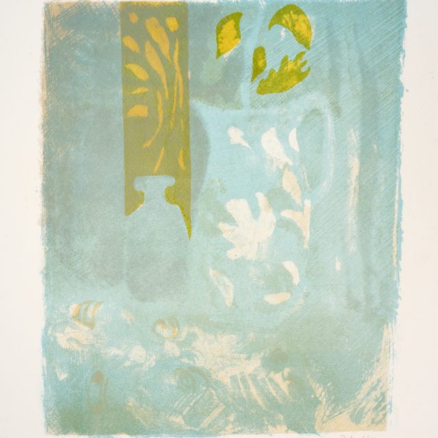 semi abtract print, blue green, jug and bottle