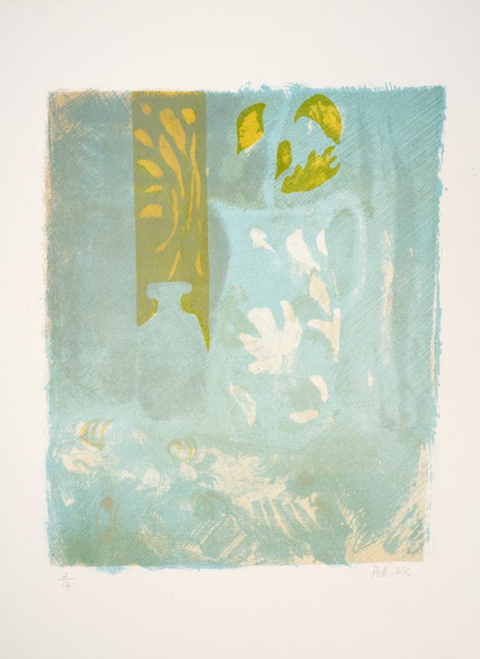 semi abtract print, blue green, jug and bottle