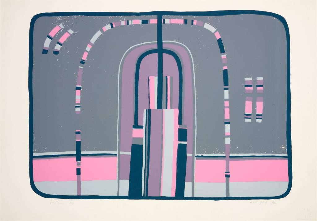 Abstract screenprint, arch, lines, rainbow shape, grey and pink