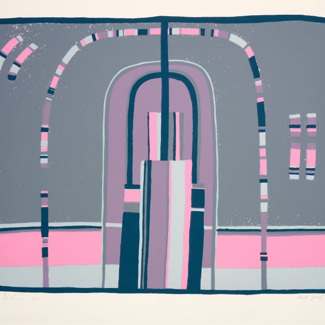 Abstract screenprint, arch, lines, rainbow shape, grey and pink
