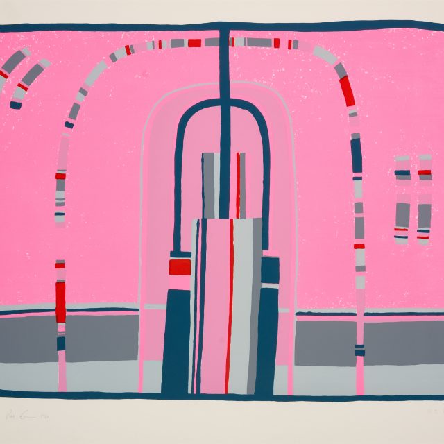 Abstract screenprint, arch, lines, rainbow shape, grey and pink