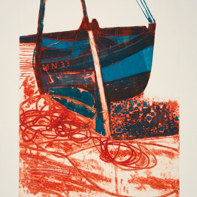 blue and red, semi abstract, boat