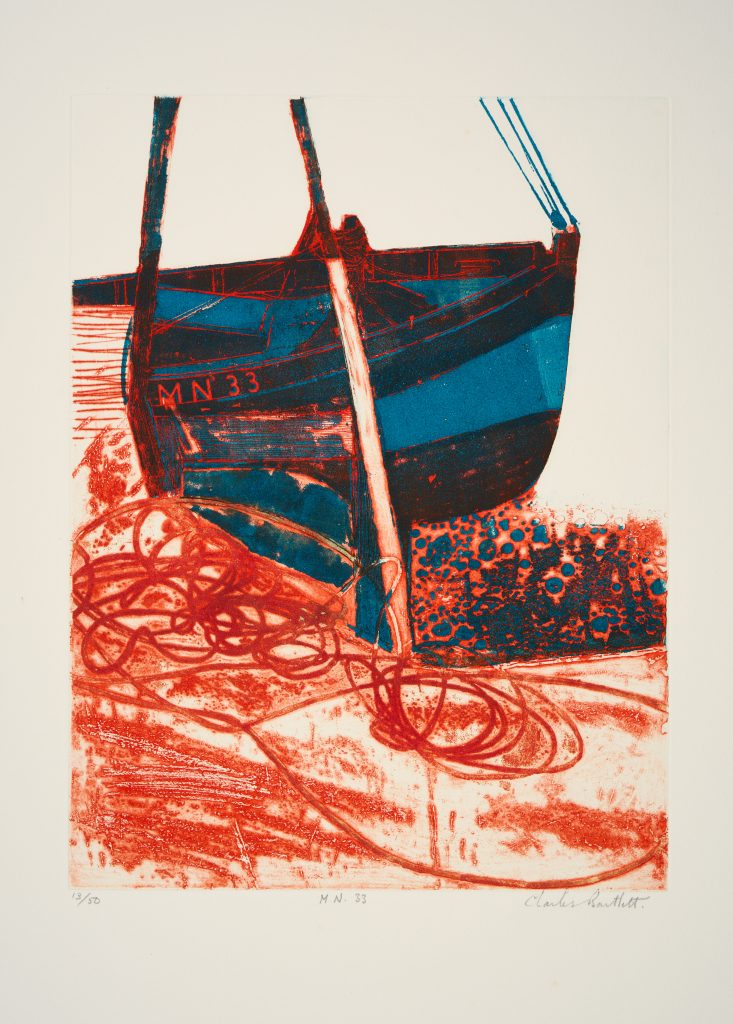 blue and red, semi abstract, boat