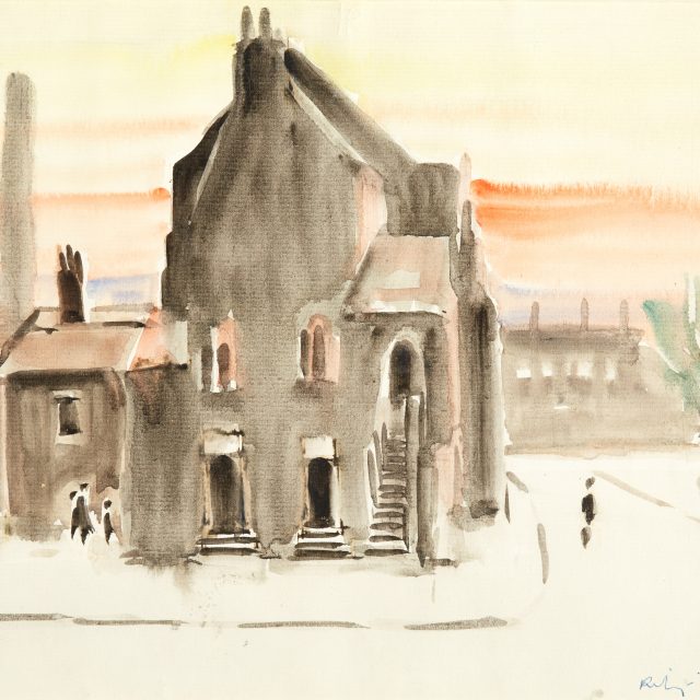 town, chapel, watercolour