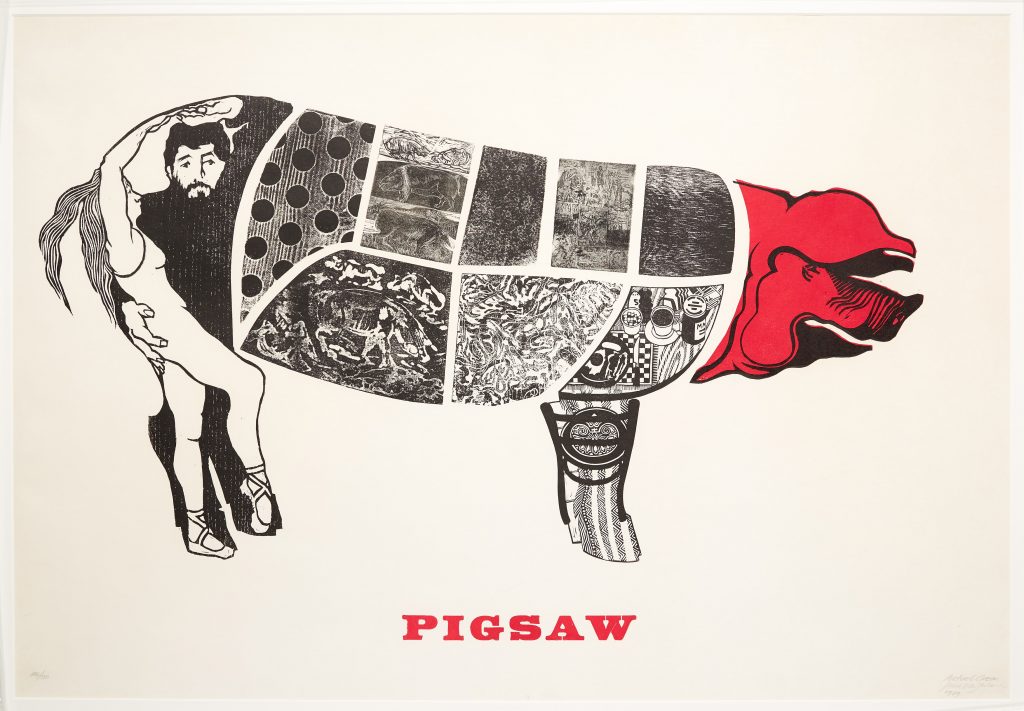 print poster using different print techniques, pig, patterns, figures, animal, pigsaw, jigsaw