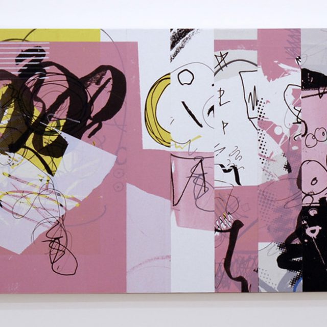 A pink, black, white, and yellow abstract print.