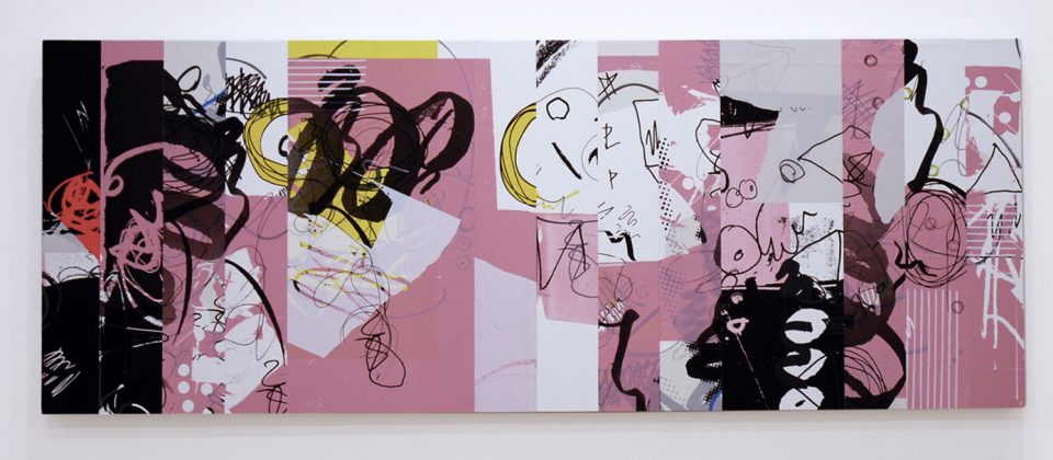 A pink, black, white, and yellow abstract print.