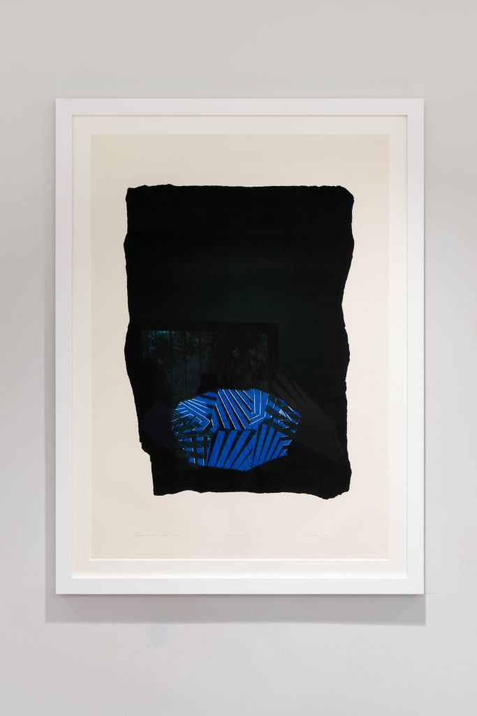 A screenprint with a large black rectange and a blue oval patern, in a white frame.