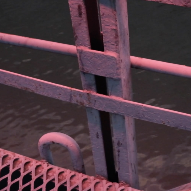 Metal fence and walkway in front of water.